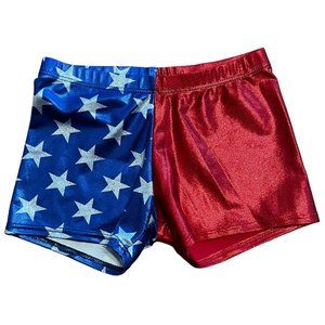 Motionwear Women Dance Shorts Adult Med Two Tone Red Blue White Stars Metallic